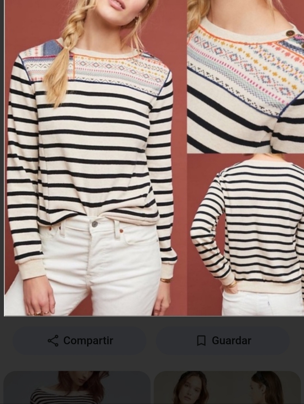 Anthropologie Cream and Black Striped Sweater with Multicolor Fair Isle Yoke